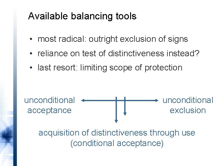 Available balancing tools • most radical: outright exclusion of signs • reliance on test