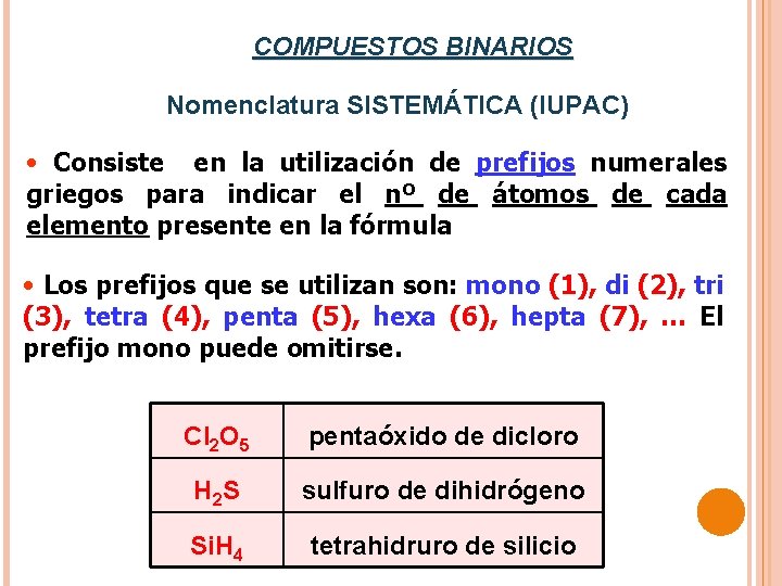 COMPUESTOS BINARIOS Nomenclatura SISTEMÁTICA (IUPAC) • Consiste en la utilización de prefijos numerales griegos
