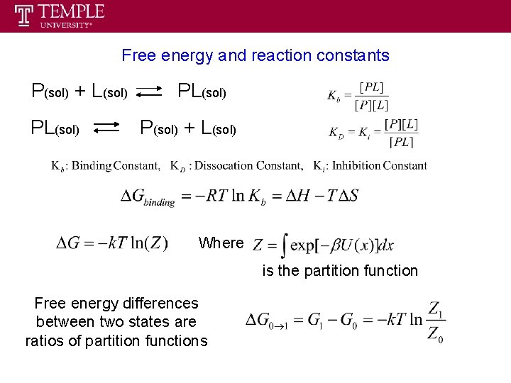 Free energy and reaction constants P(sol) + L(sol) PL(sol) P(sol) + L(sol) Where is Free energy and reaction constants P(sol) + L(sol) PL(sol) P(sol) + L(sol) Where is