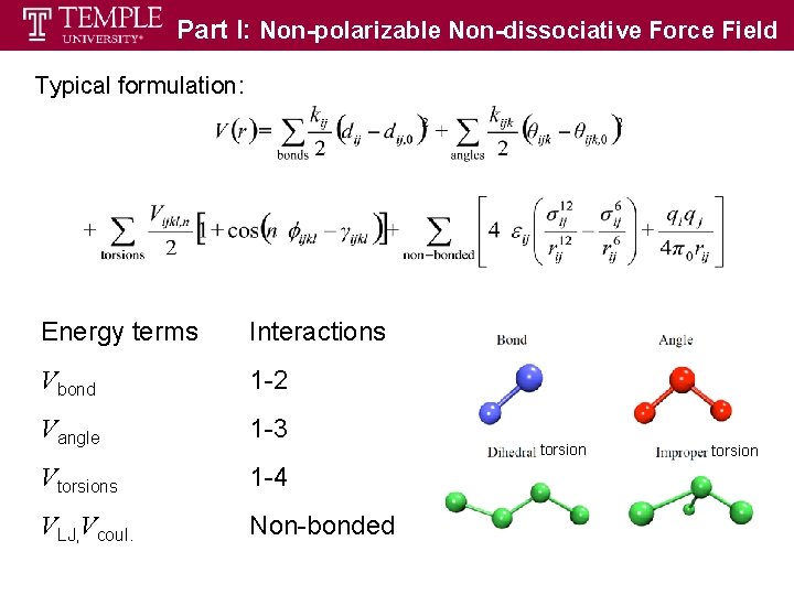 Part I: Non-polarizable Non-dissociative Force Field Typical formulation: Energy terms Interactions Vbond 1 -2 Part I: Non-polarizable Non-dissociative Force Field Typical formulation: Energy terms Interactions Vbond 1 -2