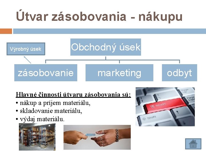 Útvar zásobovania - nákupu Výrobný úsek Obchodný úsek zásobovanie marketing Hlavné činnosti útvaru zásobovania