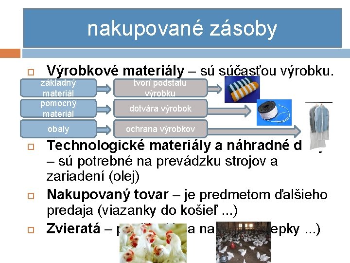 nakupované zásoby Výrobkové materiály – sú súčasťou výrobku. základný materiál pomocný materiál obaly tvorí