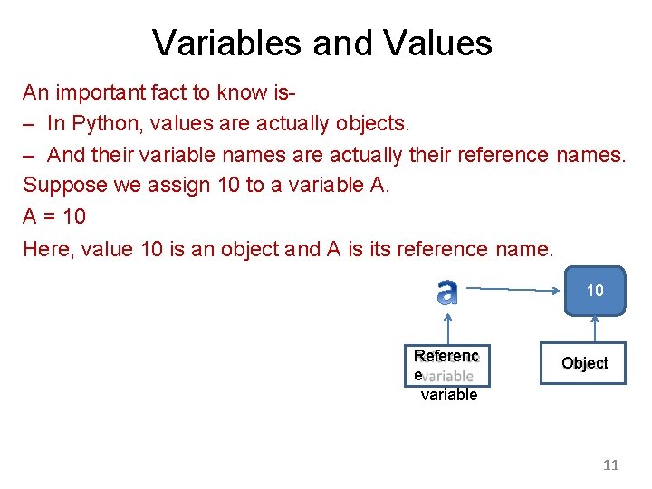 Variables and Values An important fact to know is– In Python, values are actually