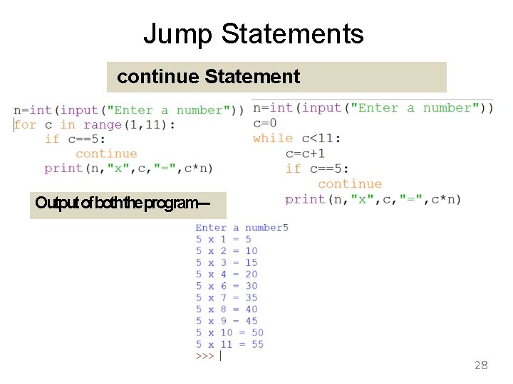 Jump Statements continue Statement Outputofboththeprogram--- 28 