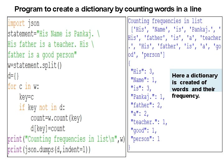 Program to create a dictionary by counting words in a line Here a dictionary