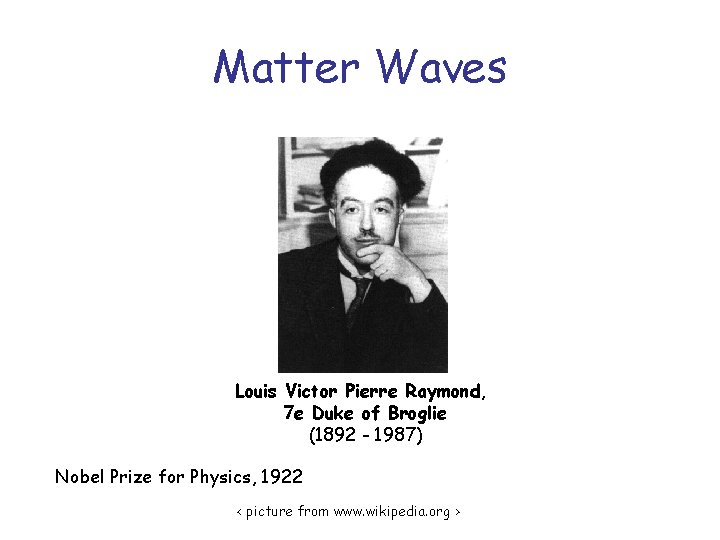 Matter Waves Louis Victor Pierre Raymond, 7 e Duke of Broglie (1892 - 1987)