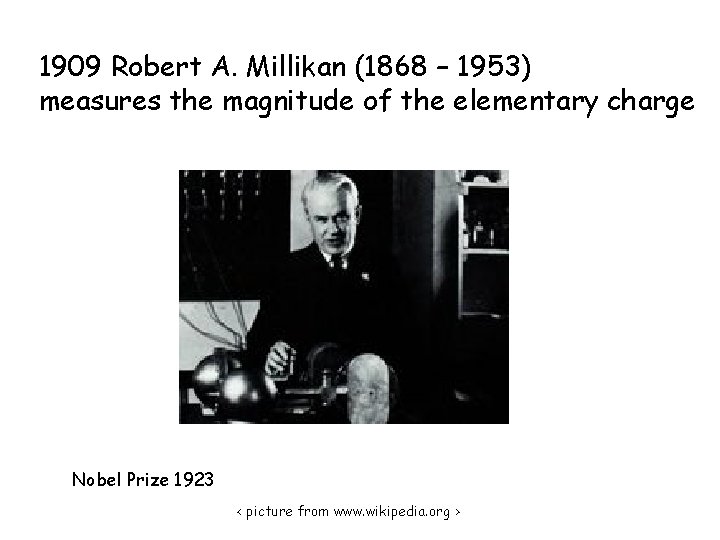 1909 Robert A. Millikan (1868 – 1953) measures the magnitude of the elementary charge