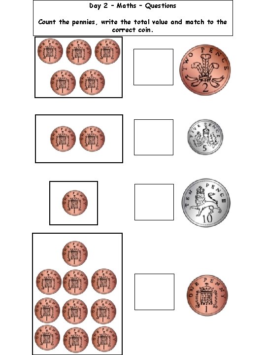 Day 2 – Maths – Questions Count the pennies, write the total value and