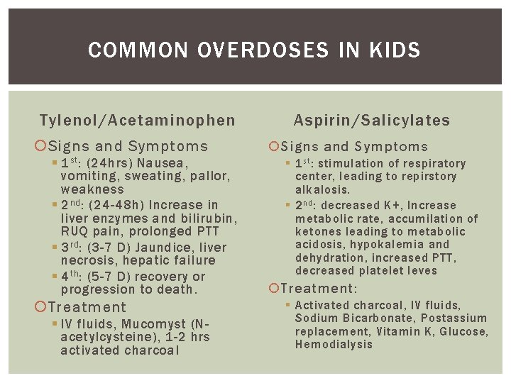 COMMON OVERDOSES IN KIDS Tylenol/Acetaminophen Signs and Symptoms § 1 st : (24 hrs)