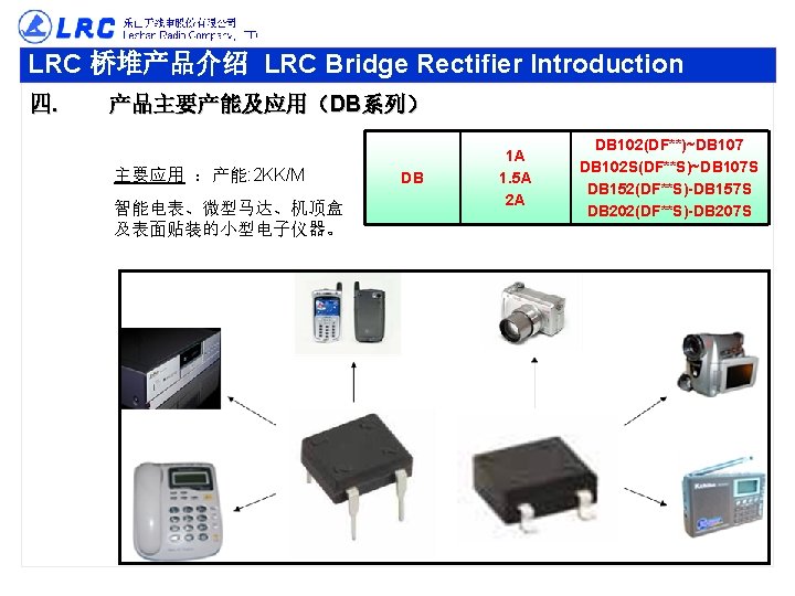 LRC 桥堆产品介绍 LRC Bridge Rectifier Introduction 四. 产品主要产能及应用（DB系列） 主要应用 ：产能: 2 KK/M 智能电表、微型马达、机顶盒 及表面贴装的小型电子仪器。