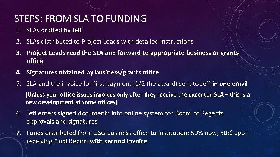 STEPS: FROM SLA TO FUNDING 1. SLAs drafted by Jeff 2. SLAs distributed to