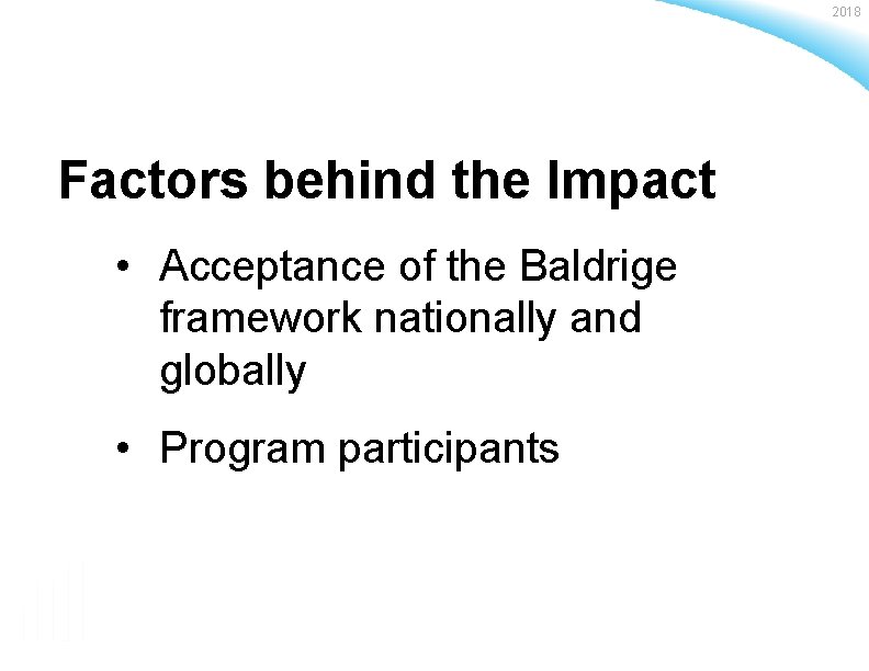 2018 Factors behind the Impact • Acceptance of the Baldrige framework nationally and globally