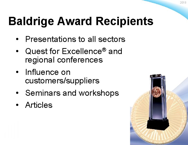 2018 Baldrige Award Recipients • Presentations to all sectors • Quest for Excellence® and