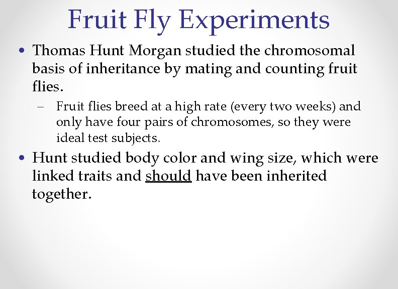 Fruit Fly Experiments • Thomas Hunt Morgan studied the chromosomal basis of inheritance by