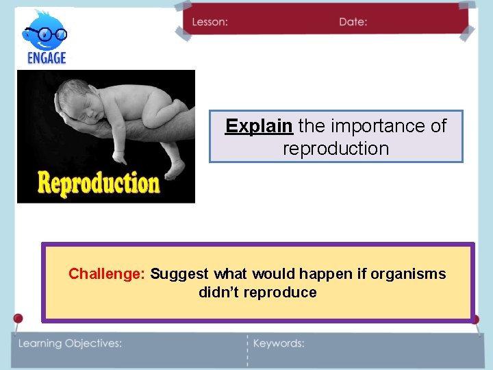Explain the importance of reproduction Challenge: Suggest what would happen if organisms didn’t reproduce
