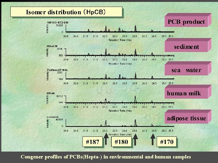 Congener profiles of PCBs(Hepta-) in environmental and human samples 