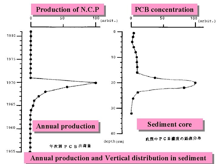 Production of N. C. P Annual production PCB concentration Sediment core Annual production and