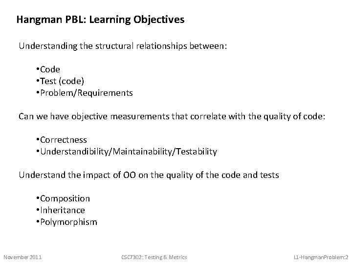 Hangman PBL: Learning Objectives Understanding the structural relationships between: • Code • Test (code)