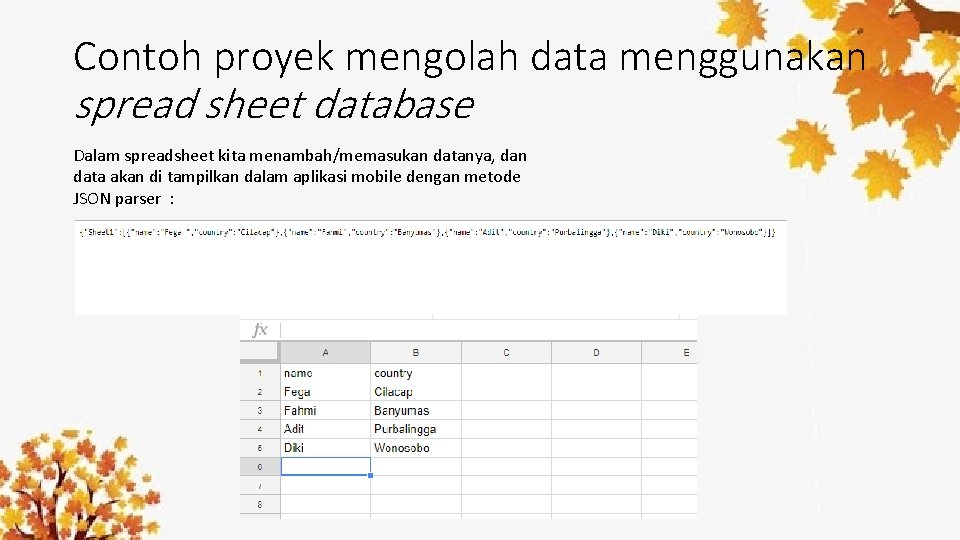 Contoh proyek mengolah data menggunakan spread sheet database Dalam spreadsheet kita menambah/memasukan datanya, dan