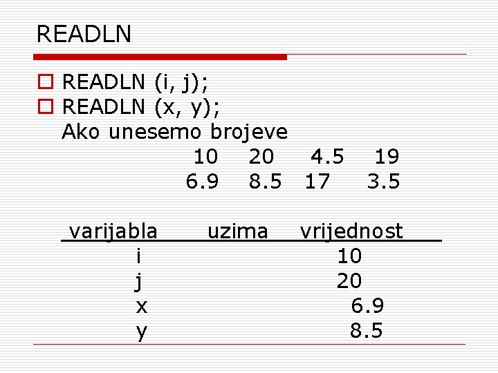 READLN o READLN (i, j); o READLN (x, y); Ako unesemo brojeve 10 20