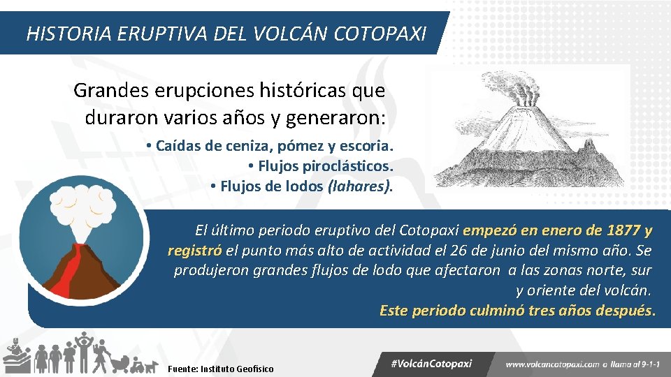 HISTORIA ERUPTIVA DEL VOLCÁN COTOPAXI Grandes erupciones históricas que duraron varios años y generaron: