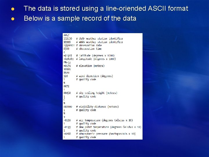 l l The data is stored using a line-oriended ASCII format Below is a