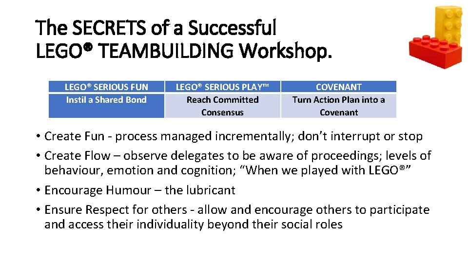 The SECRETS of a Successful LEGO® TEAMBUILDING Workshop. LEGO® SERIOUS FUN Instil a Shared