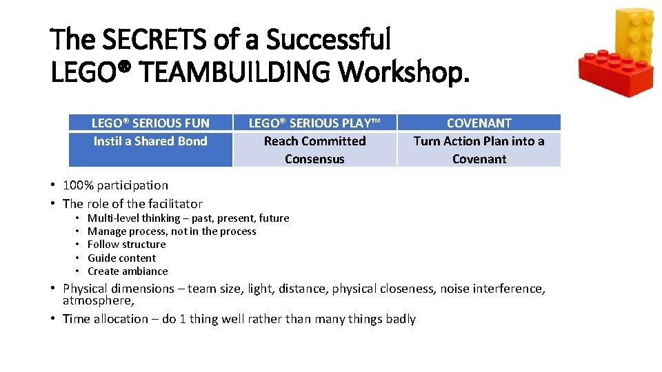 The SECRETS of a Successful LEGO® TEAMBUILDING Workshop. LEGO® SERIOUS FUN Instil a Shared