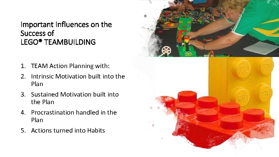 Important Influences on the Success of LEGO® TEAMBUILDING 1. TEAM Action Planning with: 2.