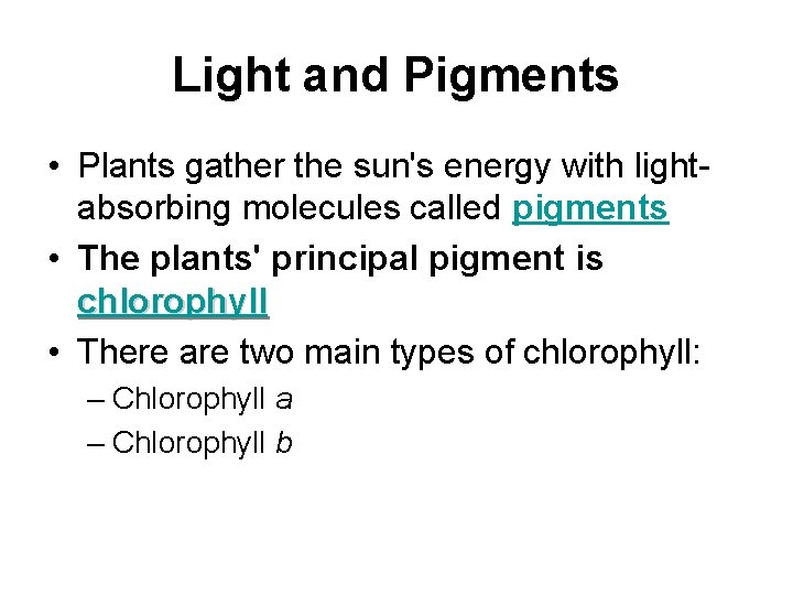 Light and Pigments • Plants gather the sun's energy with lightabsorbing molecules called pigments