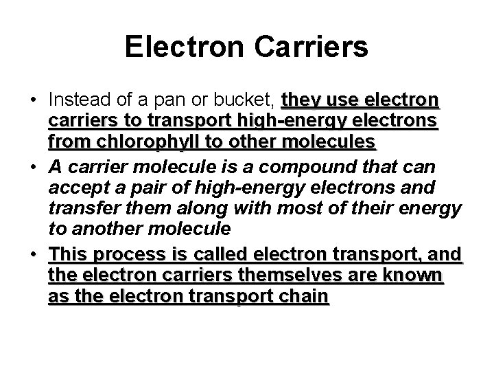 Electron Carriers • Instead of a pan or bucket, they use electron carriers to