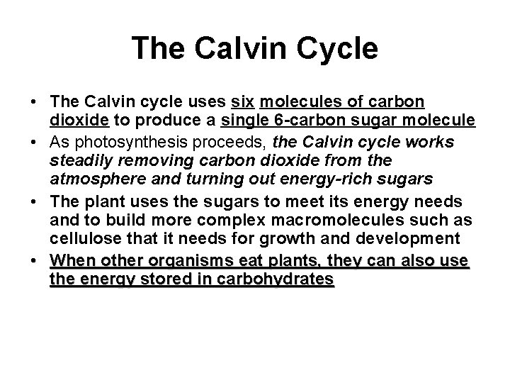 The Calvin Cycle • The Calvin cycle uses six molecules of carbon dioxide to