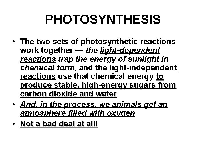 PHOTOSYNTHESIS • The two sets of photosynthetic reactions work together — the light-dependent reactions