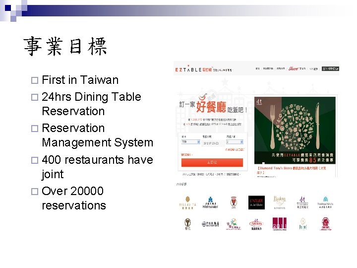 事業目標 ¨ First in Taiwan ¨ 24 hrs Dining Table Reservation ¨ Reservation Management