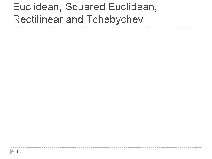 Euclidean, Squared Euclidean, Rectilinear and Tchebychev 11 