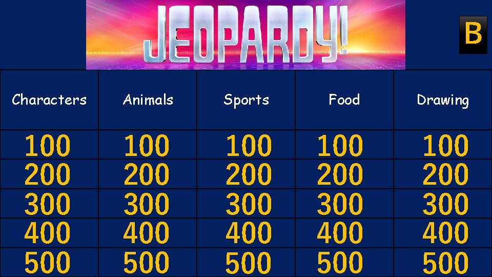 B Characters Animals Sports Food Drawing 100 200 300 400 500 100 200 300