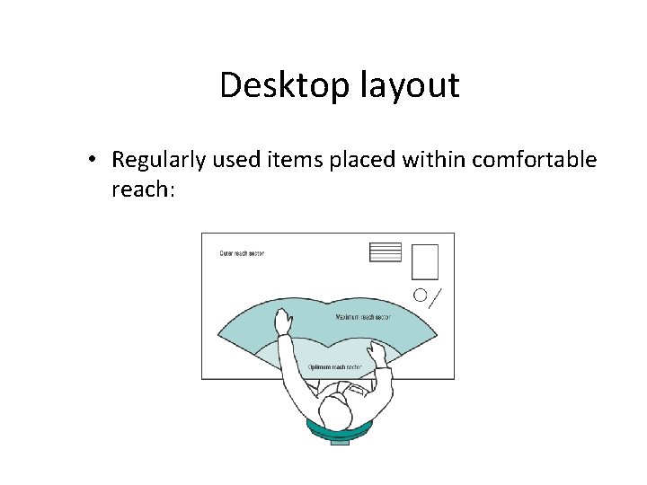 Desktop layout • Regularly used items placed within comfortable reach: 