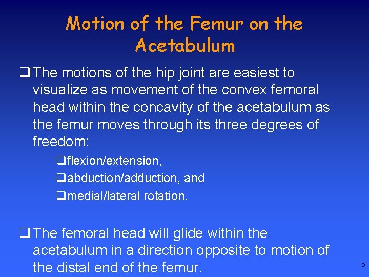Motion of the Femur on the Acetabulum q The motions of the hip joint