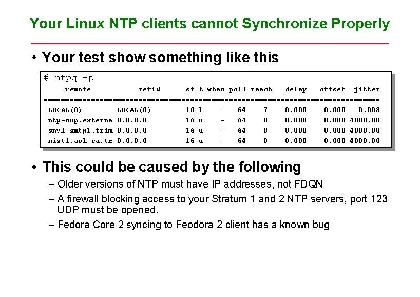 Your Linux NTP clients cannot Synchronize Properly • Your test show something like this