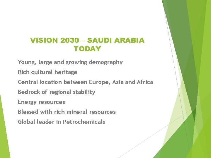 VISION 2030 – SAUDI ARABIA TODAY Young, large and growing demography Rich cultural heritage