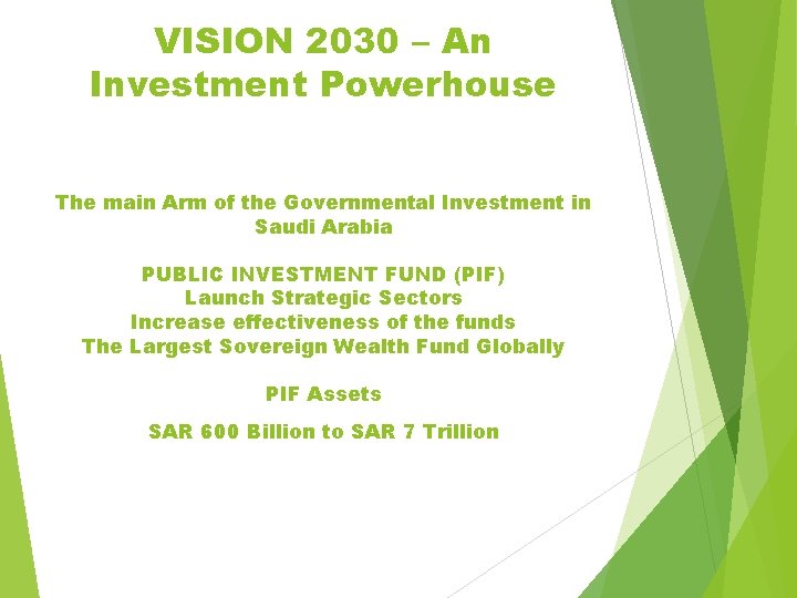 VISION 2030 – An Investment Powerhouse The main Arm of the Governmental Investment in