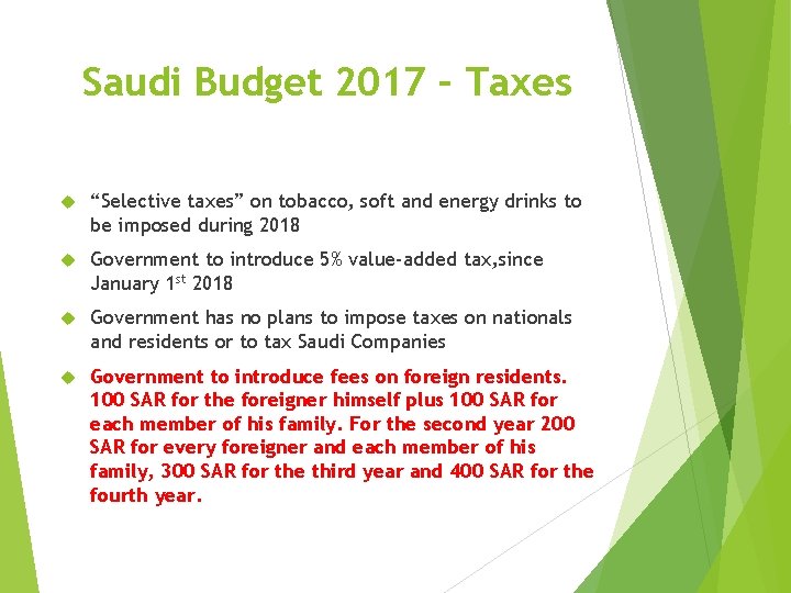 Saudi Budget 2017 – Taxes “Selective taxes” on tobacco, soft and energy drinks to