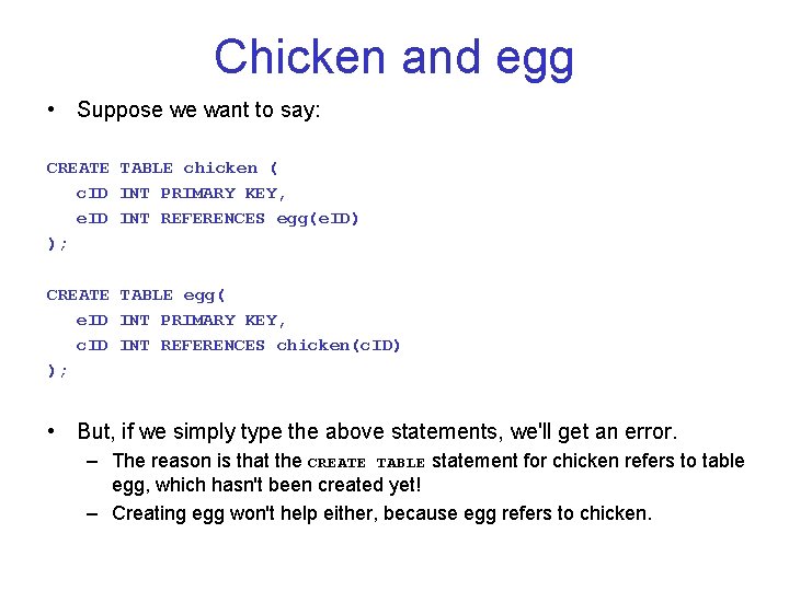 Chicken and egg • Suppose we want to say: CREATE TABLE chicken ( c.