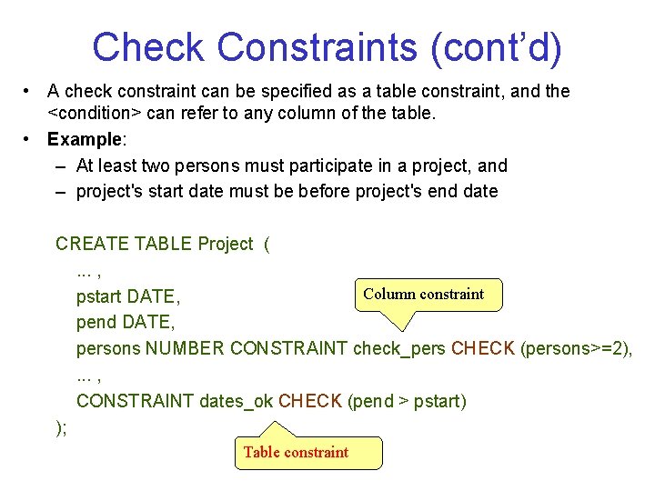 Check Constraints (cont’d) • A check constraint can be specified as a table constraint,