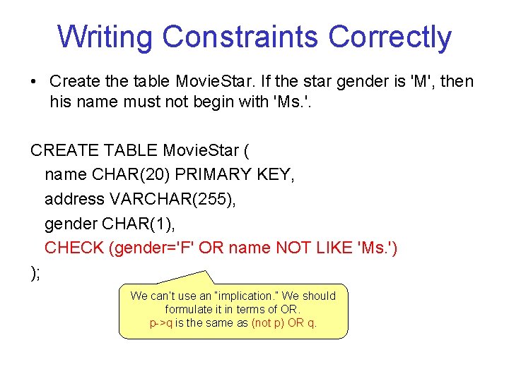 Writing Constraints Correctly • Create the table Movie. Star. If the star gender is