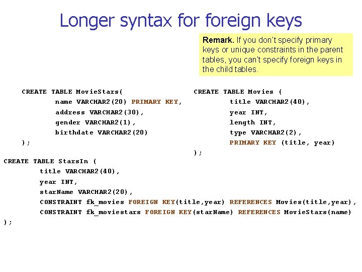 Longer syntax foreign keys Remark. If you don’t specify primary keys or unique constraints