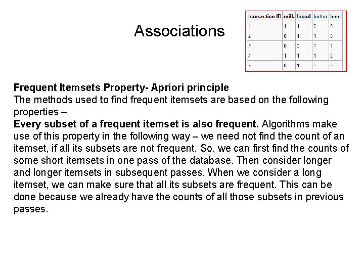 Associations Frequent Itemsets Property- Apriori principle The methods used to find frequent itemsets are