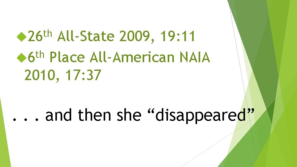 th 26 All-State 2009, 19: 11 th 6 Place All-American NAIA 2010, 17: 37