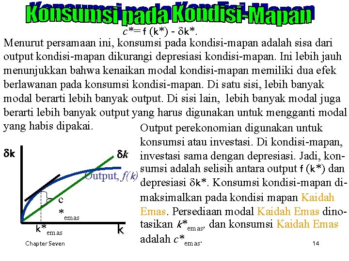 c*= f (k*) - dk*. Menurut persamaan ini, konsumsi pada kondisi-mapan adalah sisa dari