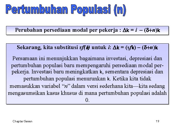 Perubahan persediaan modal per pekerja : Dk = i – (d+n)k Sekarang, kita substitusi